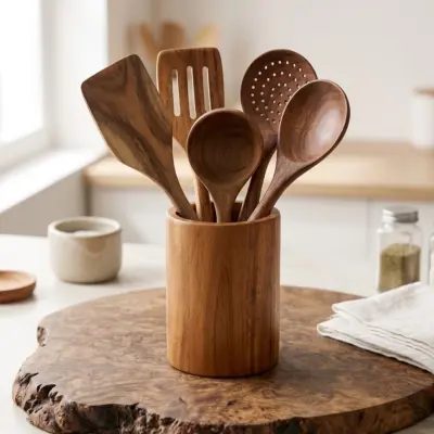 Ensemble ustensiles de cuisine en bois de teck et son porte-ustensiles