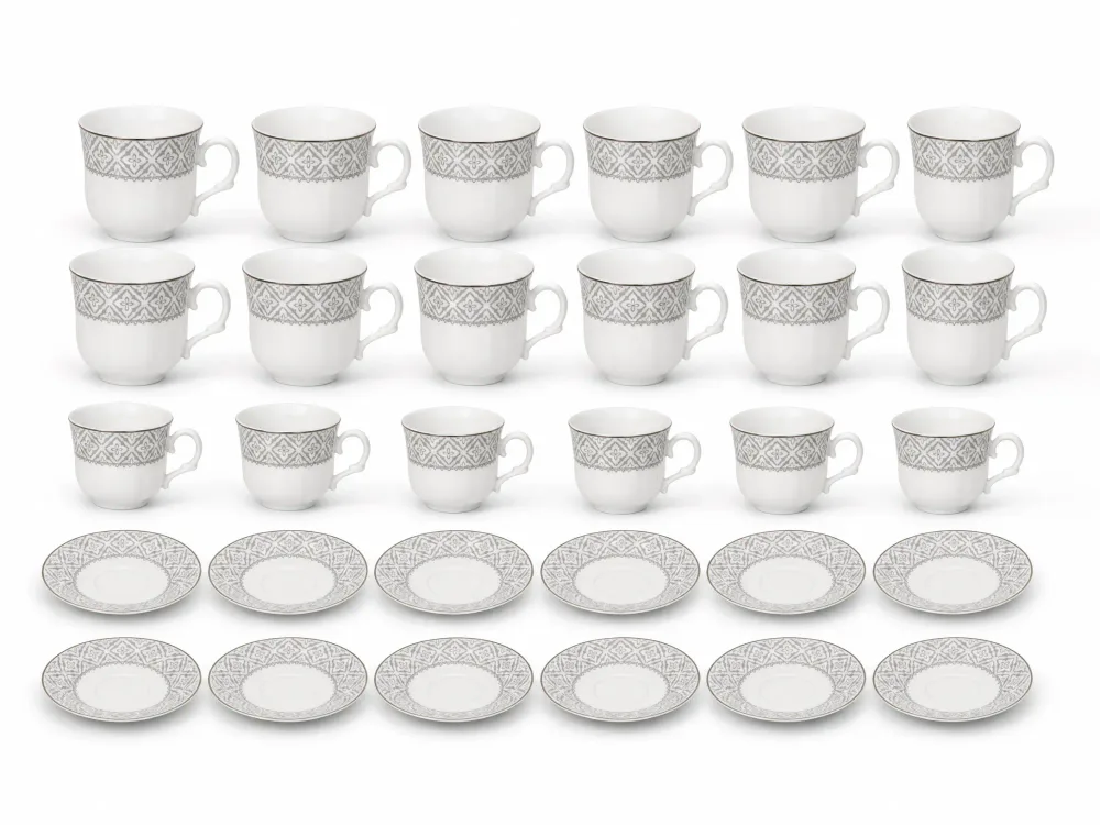 ☕ Service à Café/Thé en Porcelaine 24 Pièces - Motif Géométrique Argenté