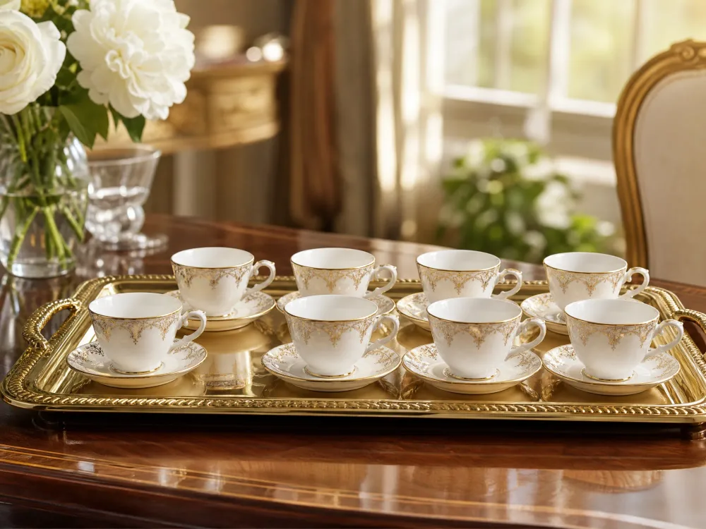 ☕ Service à Café/Thé en Porcelaine 24 Pièces - Collection Dorée Élégance