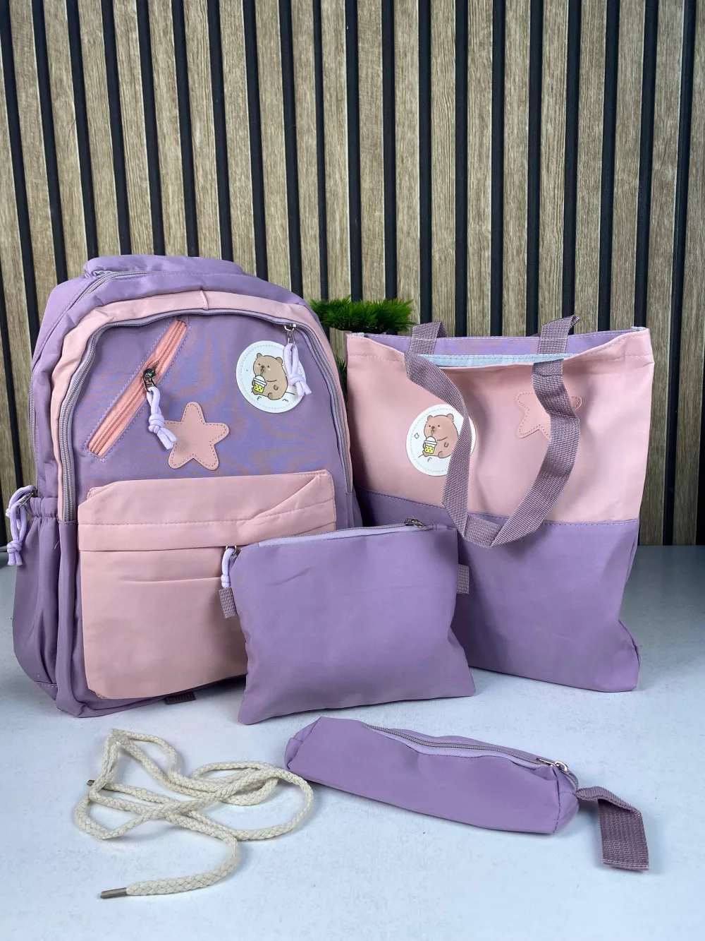 Sac à Dos Multifonctionnel Kawaii Grand Volume Imperméable et Résistant 4Pcs Bleu et Beige SACKDS02B - حقيبة ظهر بعدة قطع بتصميم كاوايي