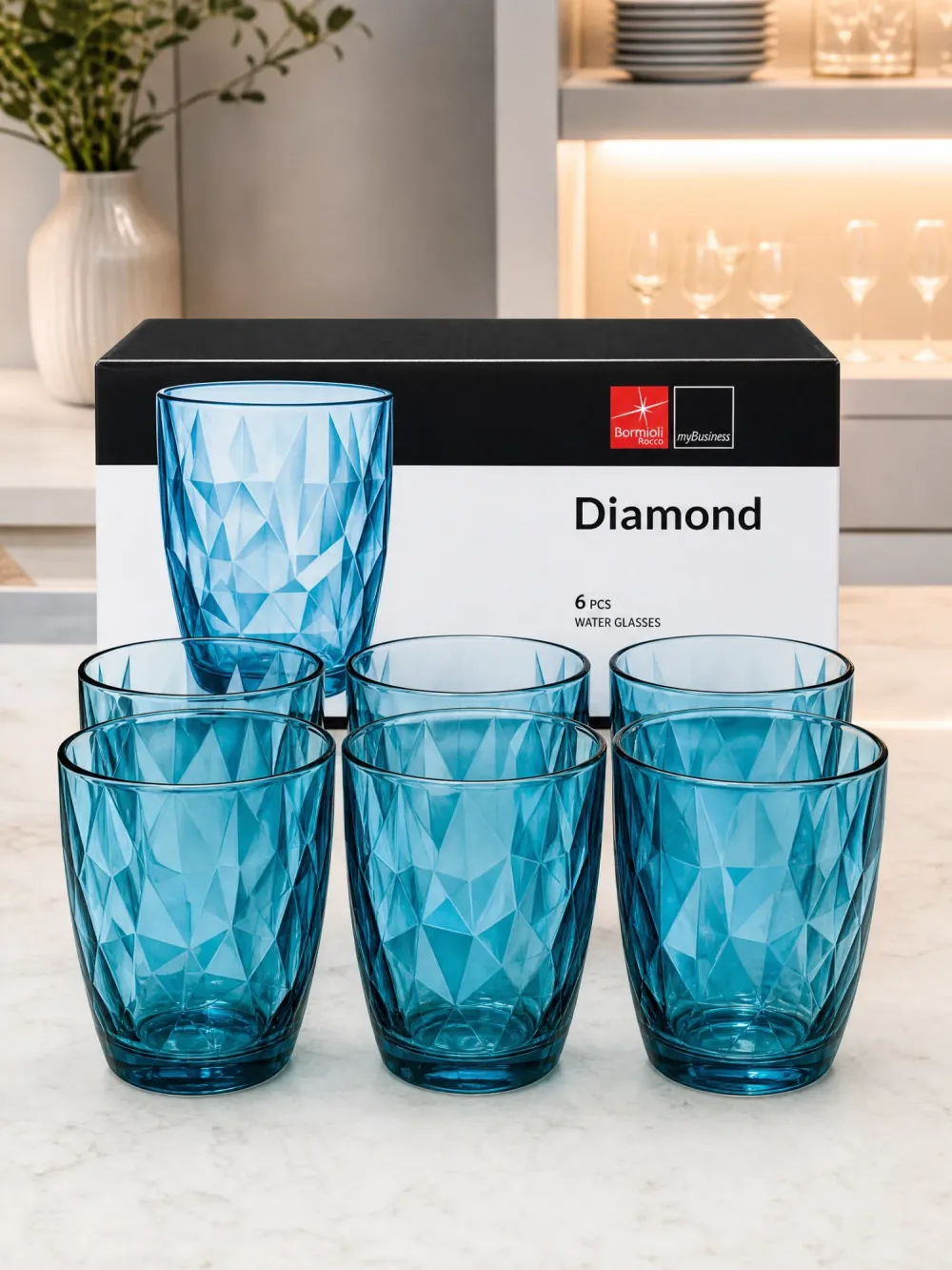 💎 Set de 6 Verres à Eau "Diamond" - Verre Taillé Coloré
