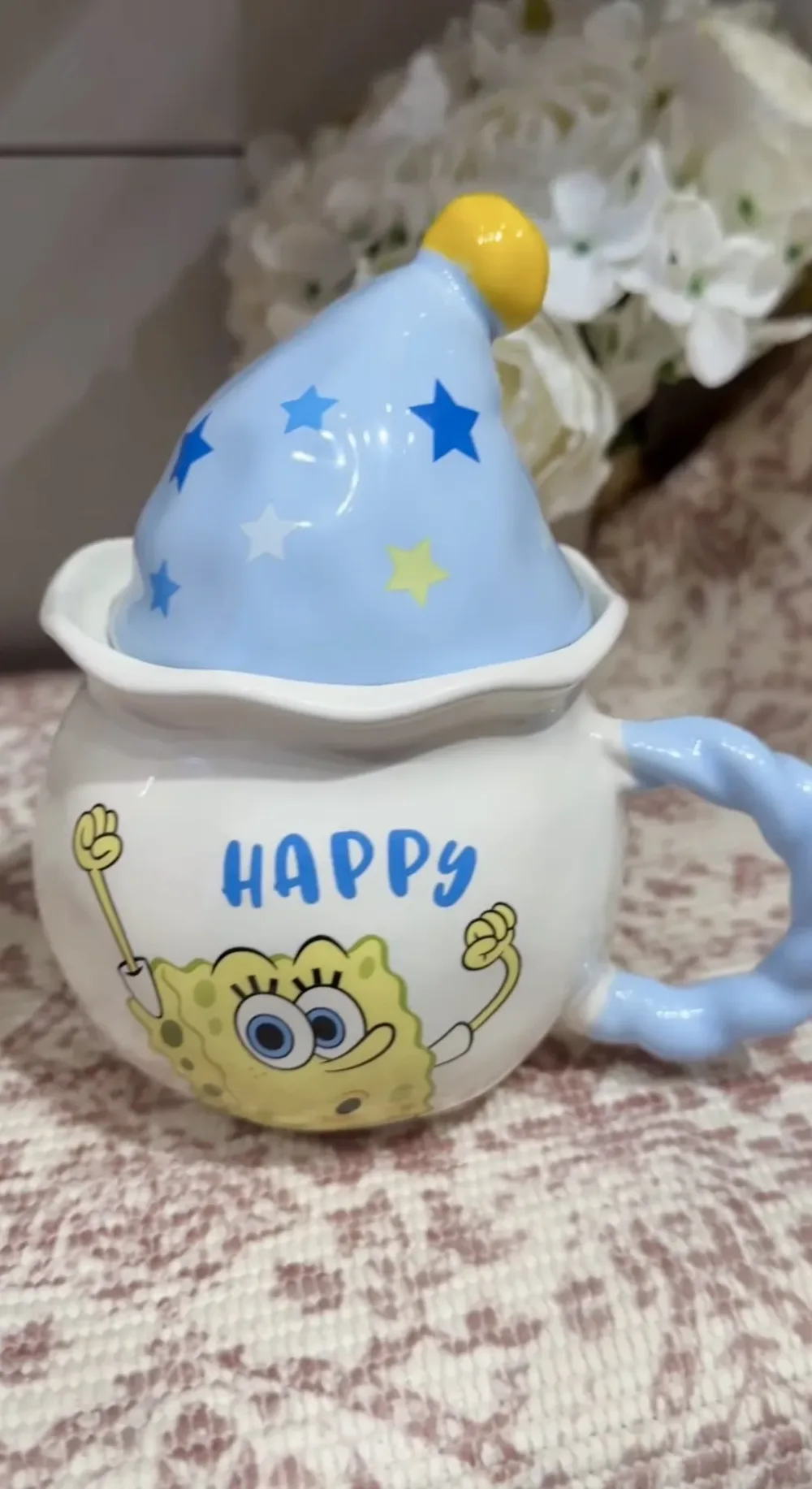 Mug HAPPY Bob l’éponge & Patrick avec couvercle bonnet ☁️