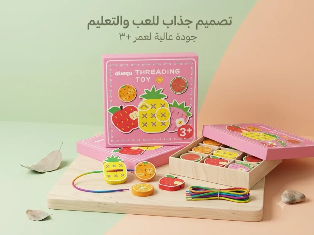 لعبة لضم الخيوط والأشكال الخشبية التعليمية (Threading & Lacing Wooden Toy