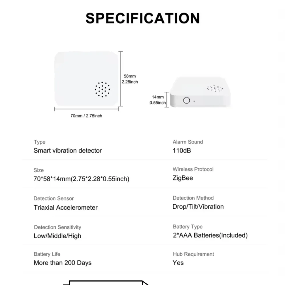 Capteur Smart Connecté de Vibrations - sans fil - Alarme Sonore - Tuya Smart Wifi.