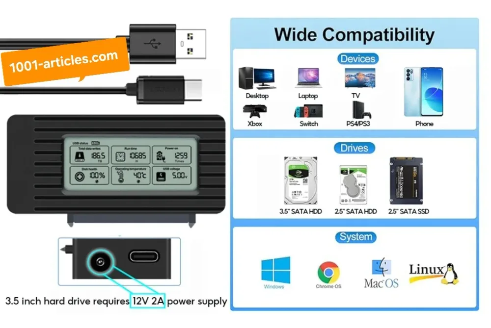 Adaptateur USB-SATA, USB 3.2, LCD, pour Disque Dur SSD et HDD 2.5 pouces.