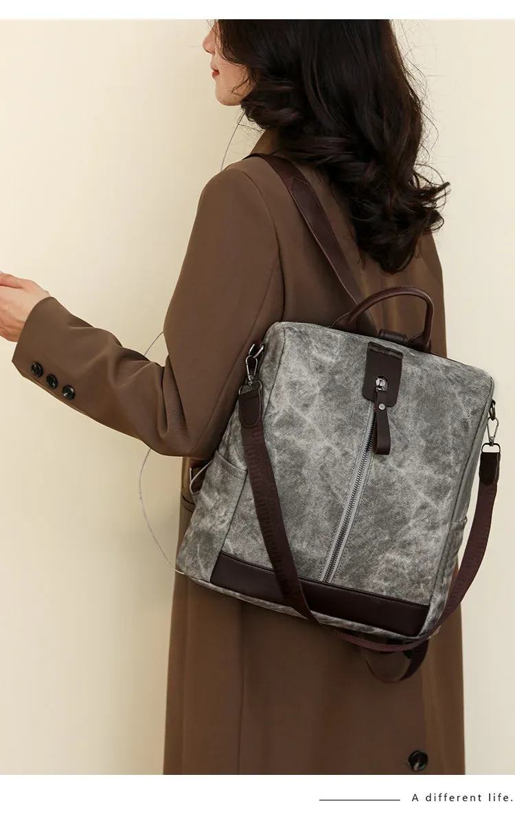Sac à Dos Femme Antivol en Tissu Vintage avec Fermeture Arrière SACKDS39GR - حقيبة ظهر نسائية كاجوال متعددة الاستخدامات