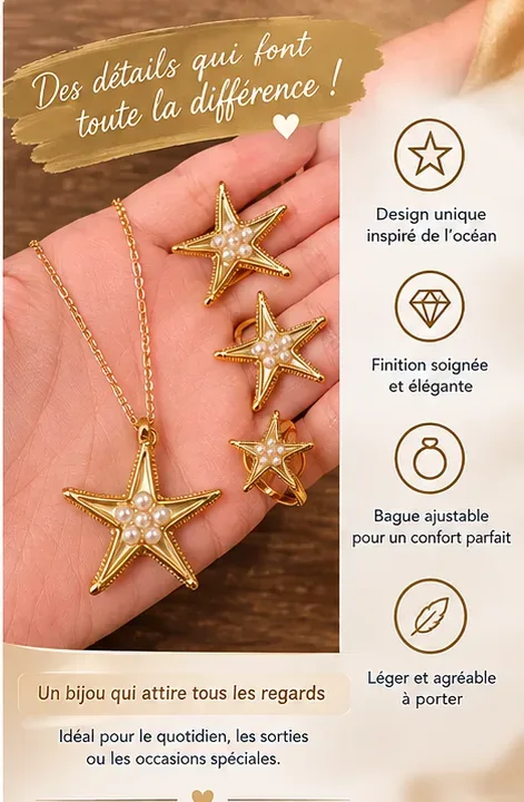 Parure Étoile de Mer  Acier inoxydable (collier + boucles d'oreilles + bague).