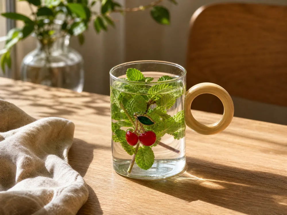 DESCREPTION  🍒 Verres en Verre Transparent avec Anse en Bois - Motif Cerises