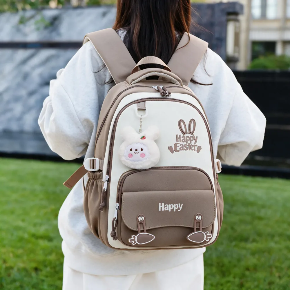 Sac à Dos Scolaire Motif Lapin Happy Easter Ergonomique Tissu Imperméable Orange SACKDS31ORG - حقيبة ظهر مدرسية وعصرية بتصميم الأرنب اللطيف