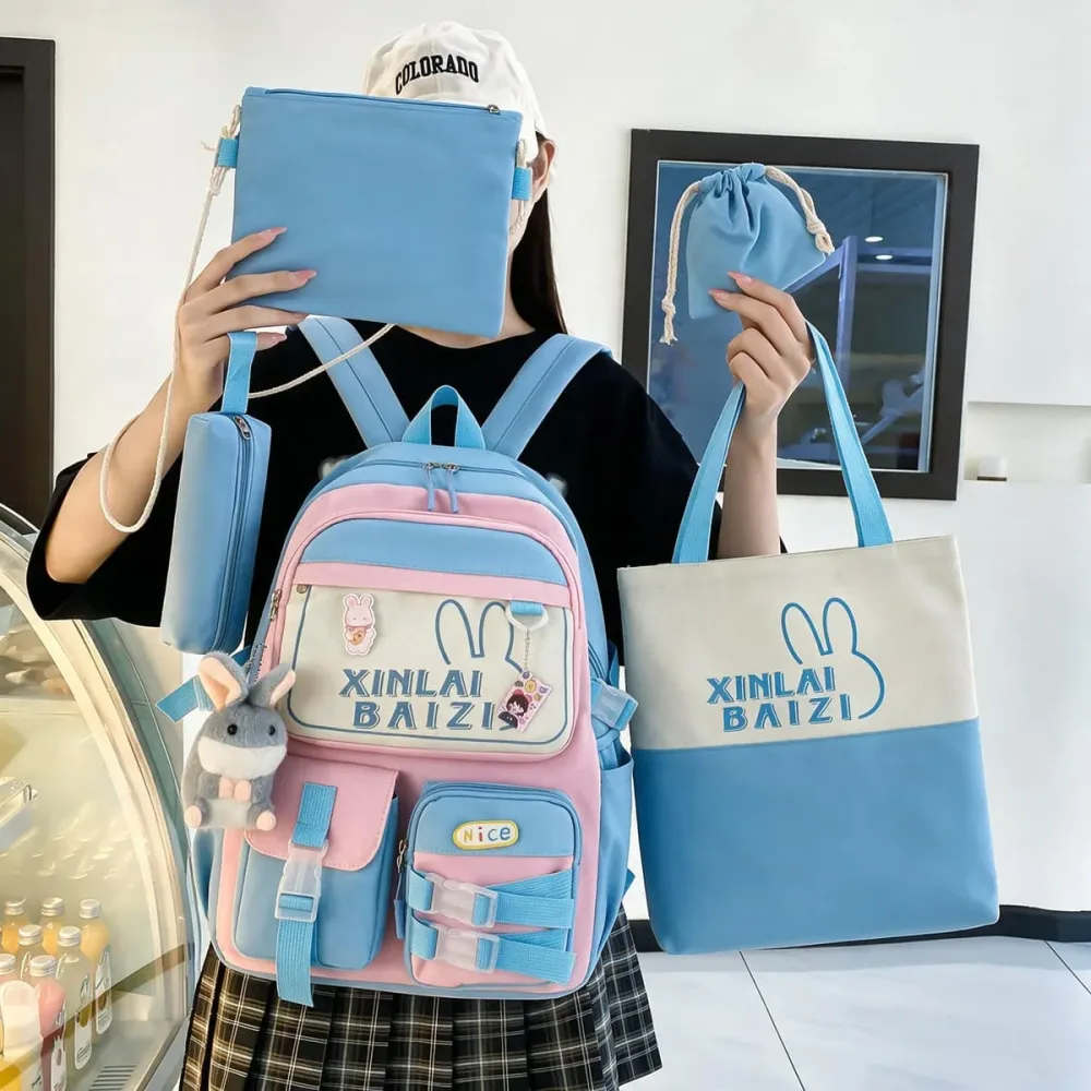 Sac à Dos Multifonctionnel Kawaii Grand Volume Imperméable et Résistant 5Pcs Bleu et Rose SACKDS29BRS - حقيبة ظهر بعدة قطع بتصميم كاوايي