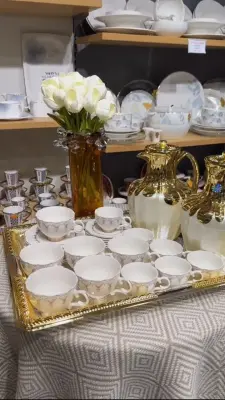☕ Service à Café/Thé en Porcelaine 24 Pièces - Collection Dorée Élégance