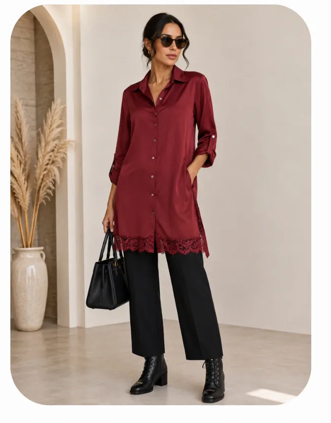 Chemise tunique longue bordeaux avec bas en dentelle