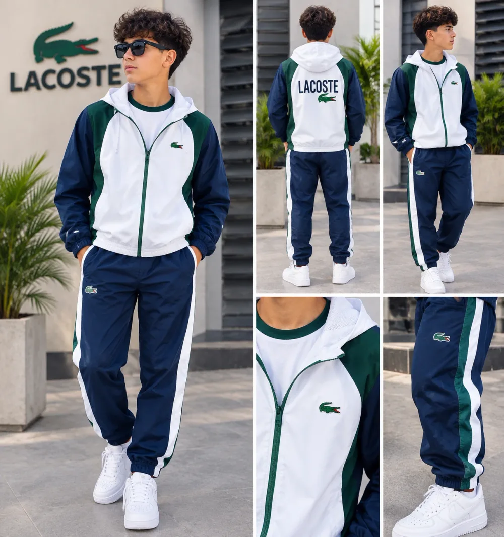 طقم رياضي ولادي 3 بياس Lacoste – جاكيت + تيشورت + سروال بتصميم عصري