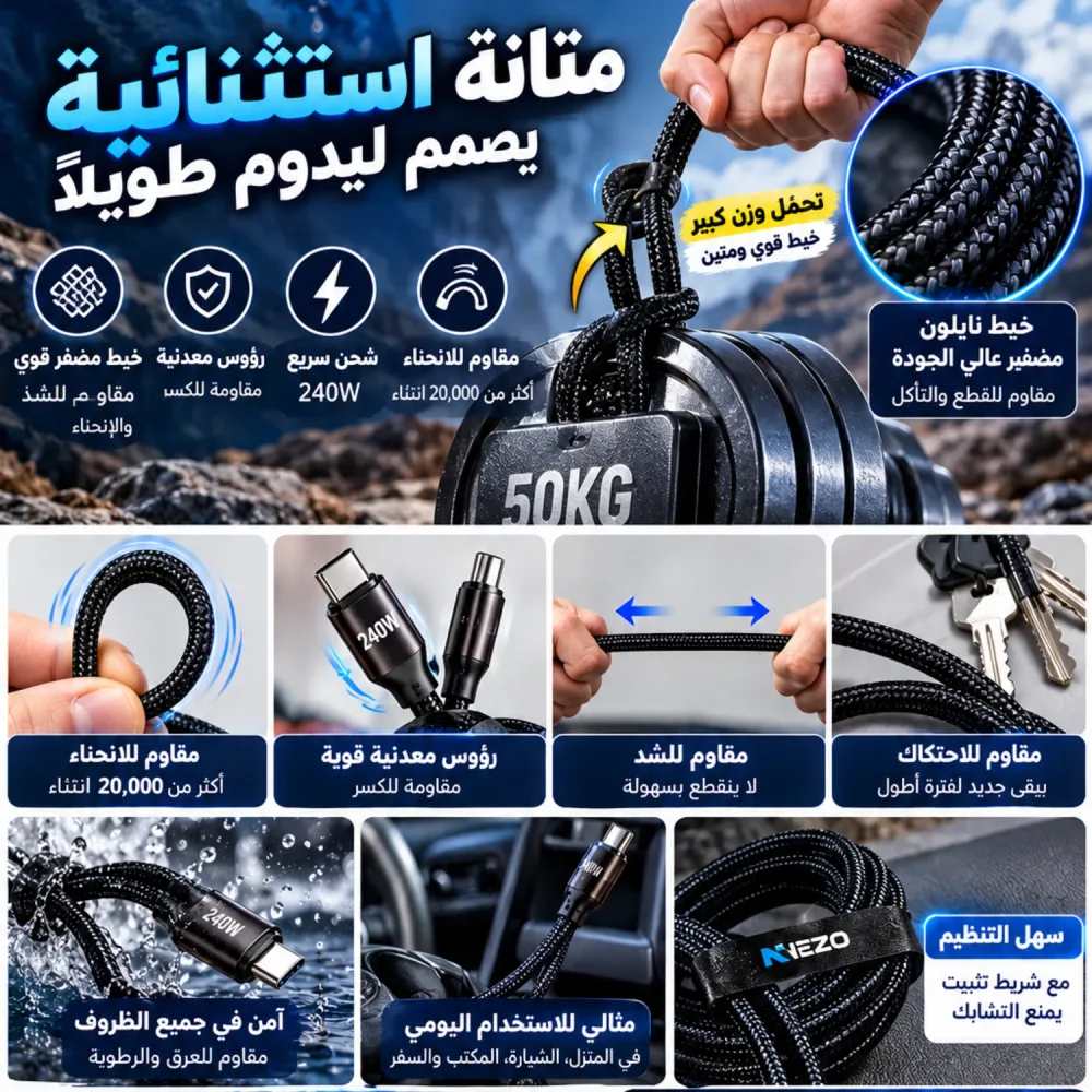 كابل NEZO 2 في 1 – شحن سريع + حامل هاتف قابل للطي 360°