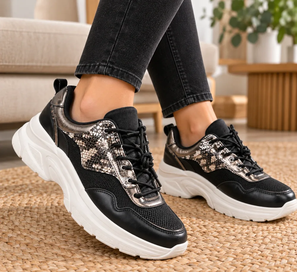 Sneakers Femme Claudia Ghizzani – Noir & Argent – Semelle Blanche – Taille 38