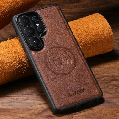 Case anti-choc S24 Ultra / S25 Ultra — جلد صناعي فاخر ،  يدعم الشحن الاسلكي بدون نزع  الكوفر