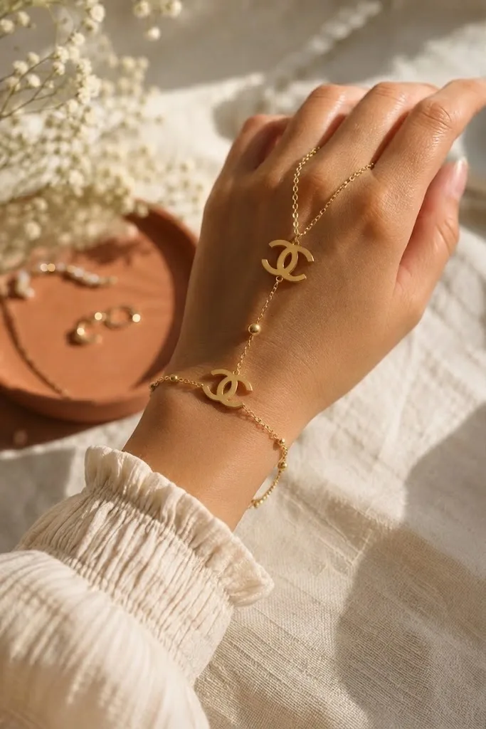قطعة عصرية وراقية تتكوّن من سلسلة ذهبية رفيعة تربط المعصم بخاتم الإصبع    CHANNEL    Bracelet de Main Chaîne Élégance Dorée