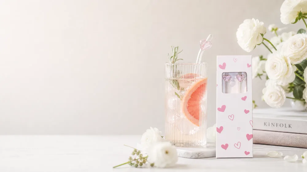 Set de Pailles en Verre Réutilisables – Motif Cœur