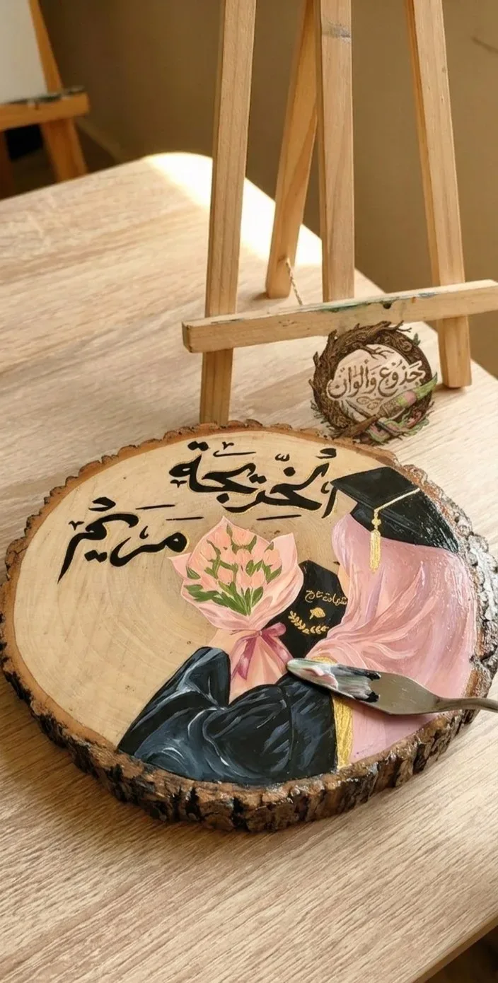 لوحة مرسومة على جذع مقاس 20 - 25 سم حسب الطلب