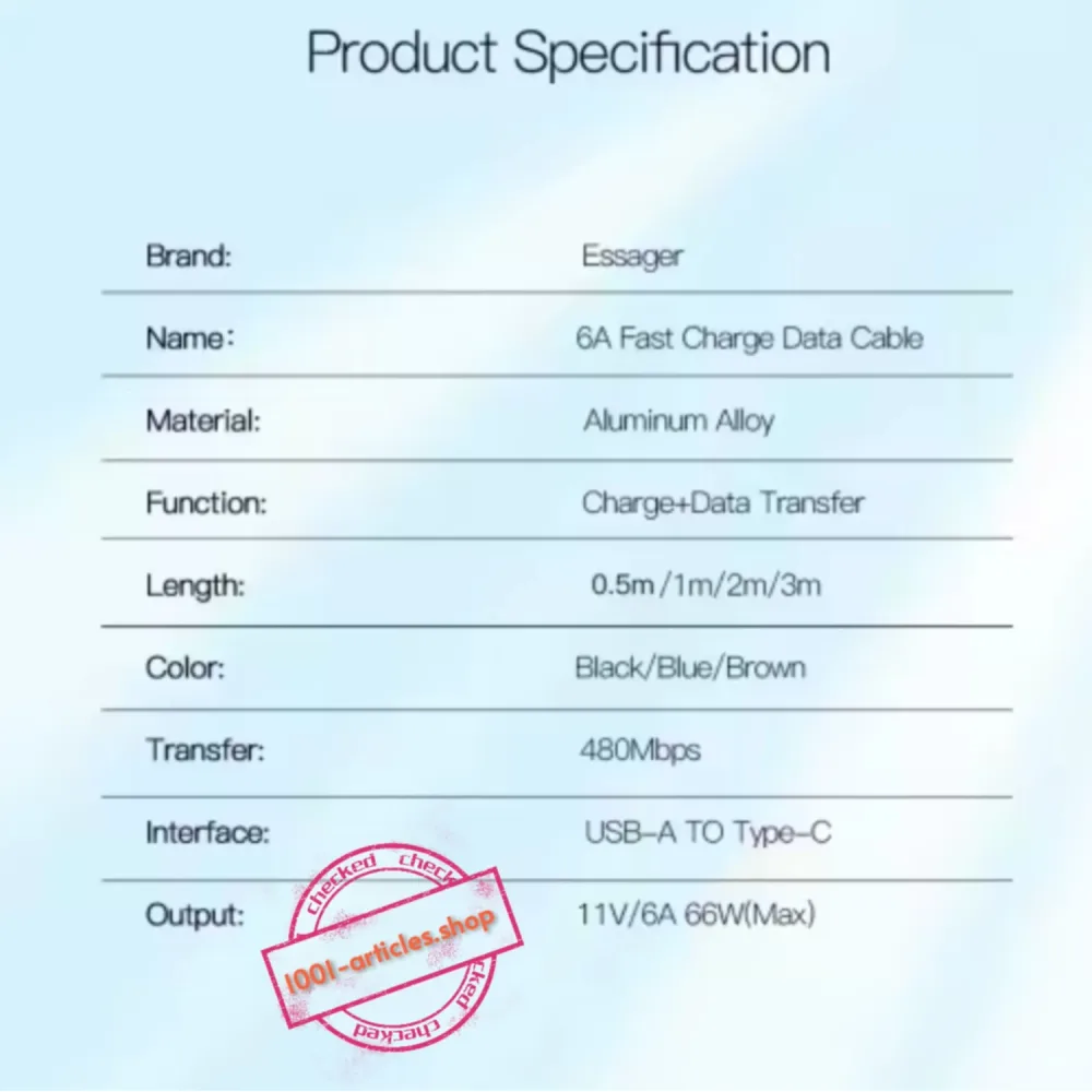 Cable Original ESSAGER 66W 6A USB-Type C - QC 3.0