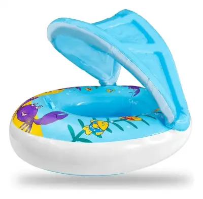Bouée Siège Gonflable avec Parasol pour Bébé – Bleu Ciel Motif Crabe et Poissons, 85cm