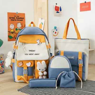 Sac à Dos Multifonctionnel Kawaii Grand Volume Imperméable et Résistant 5Pcs Bleu SACKDS25BL - حقيبة ظهر بعدة قطع بتصميم كاوايي