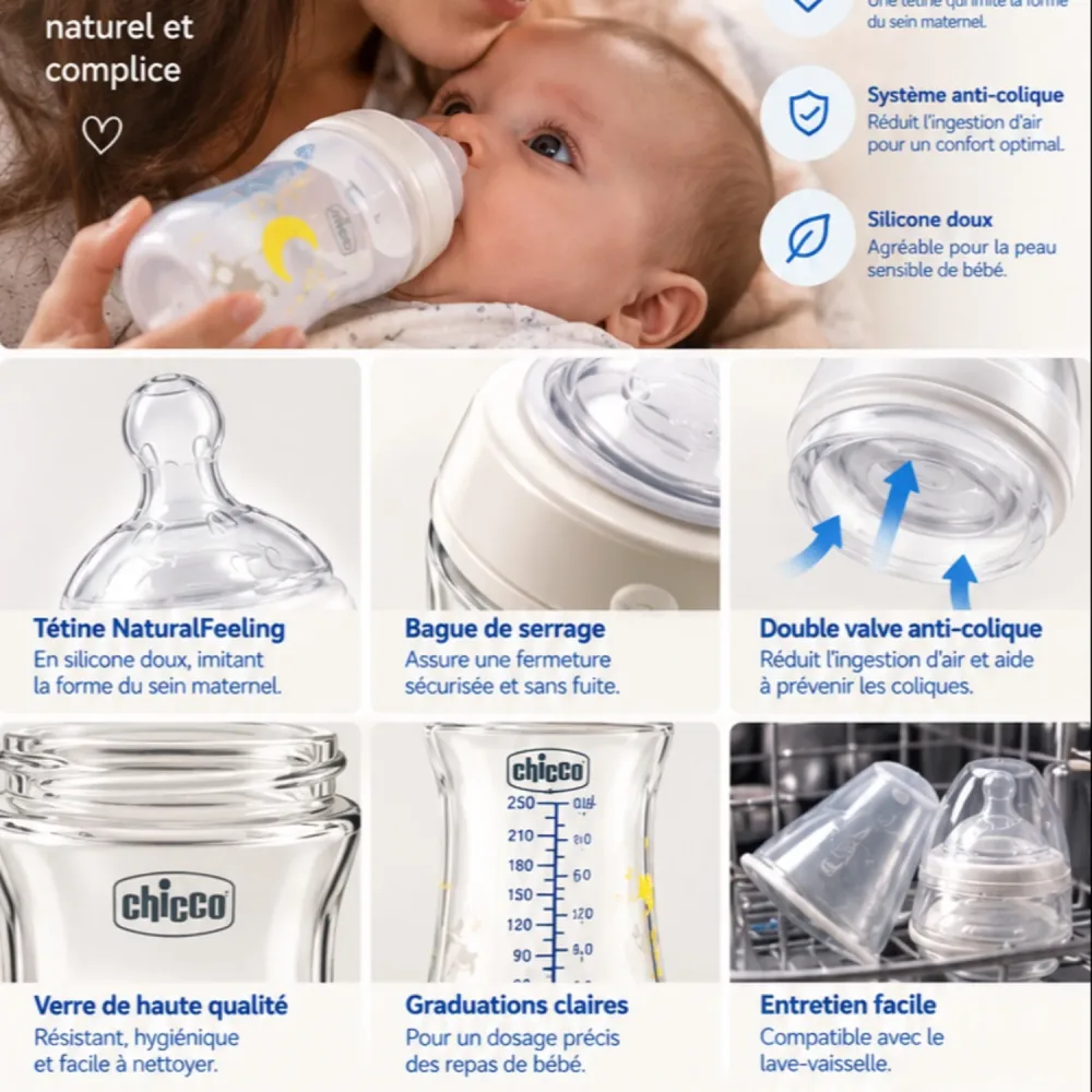 Chicco NaturalFeeling 250 ml – Biberon en Verre 0M+