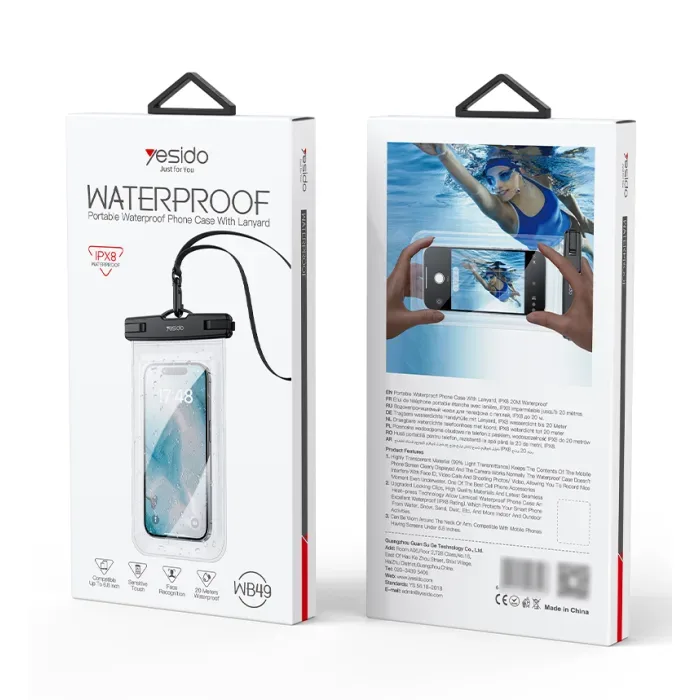 Pochette Étanche Téléphone YESIDO WB49 – Transparente, Écran Tactile, Jusqu'à 6,8"