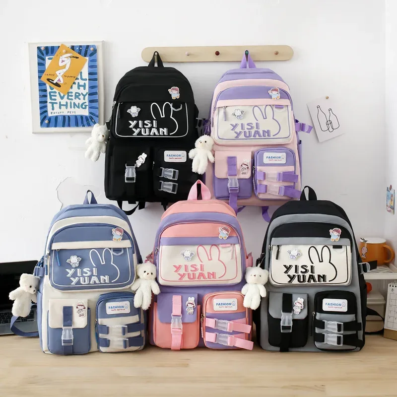 Sac à Dos Multifonctionnel Kawaii Grand Volume Imperméable et Résistant 5Pcs Noir et Gris SACKDS29NGR - حقيبة ظهر بعدة قطع بتصميم كاوايي