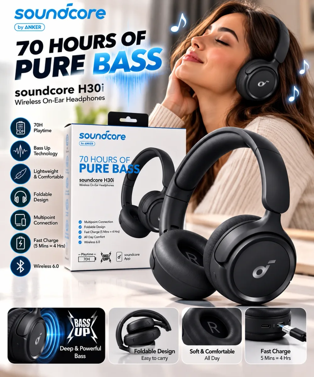 Casque Bluetooth Soundcore H30i by Anker – Pure Bass, 70H Playtime