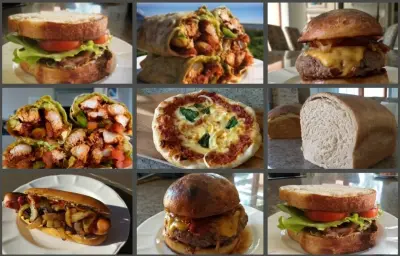 Burrito, sandwich blt, burger and hot dog, pizza