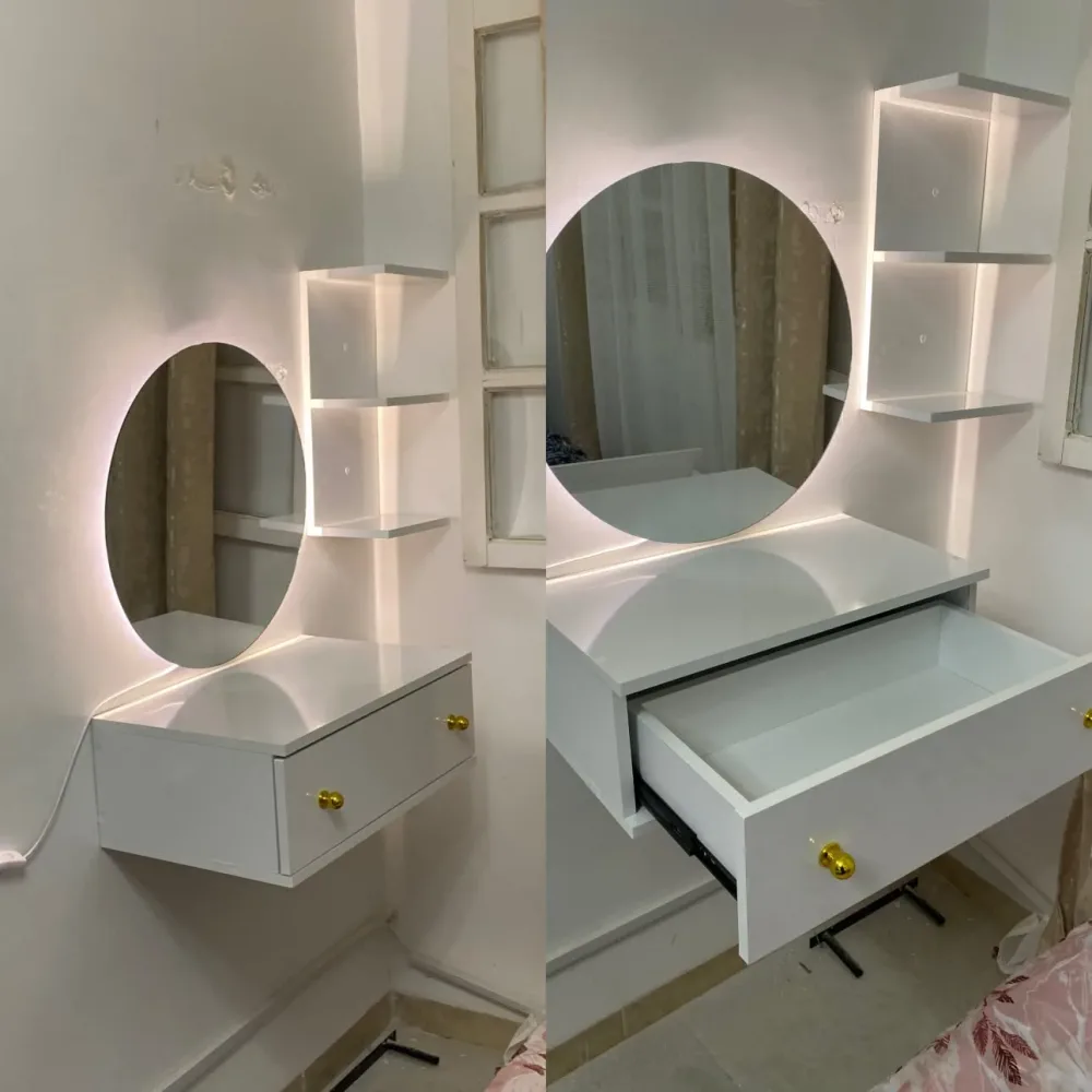 Coiffeuse Murale 60cm - طاولة ماكياج معلقة بمرآة LED ورفوف