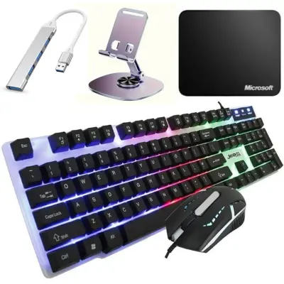 Combo Gamer 5-en-1 – Clavier, Souris, Hub USB, Tapis & Support Téléphone