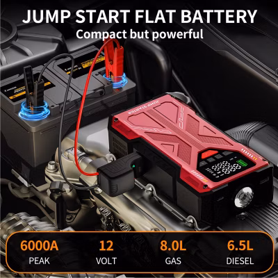 Portable Jump Starter with Air Compressor & Digital Tire Inflator for Emergency Use (6000A)