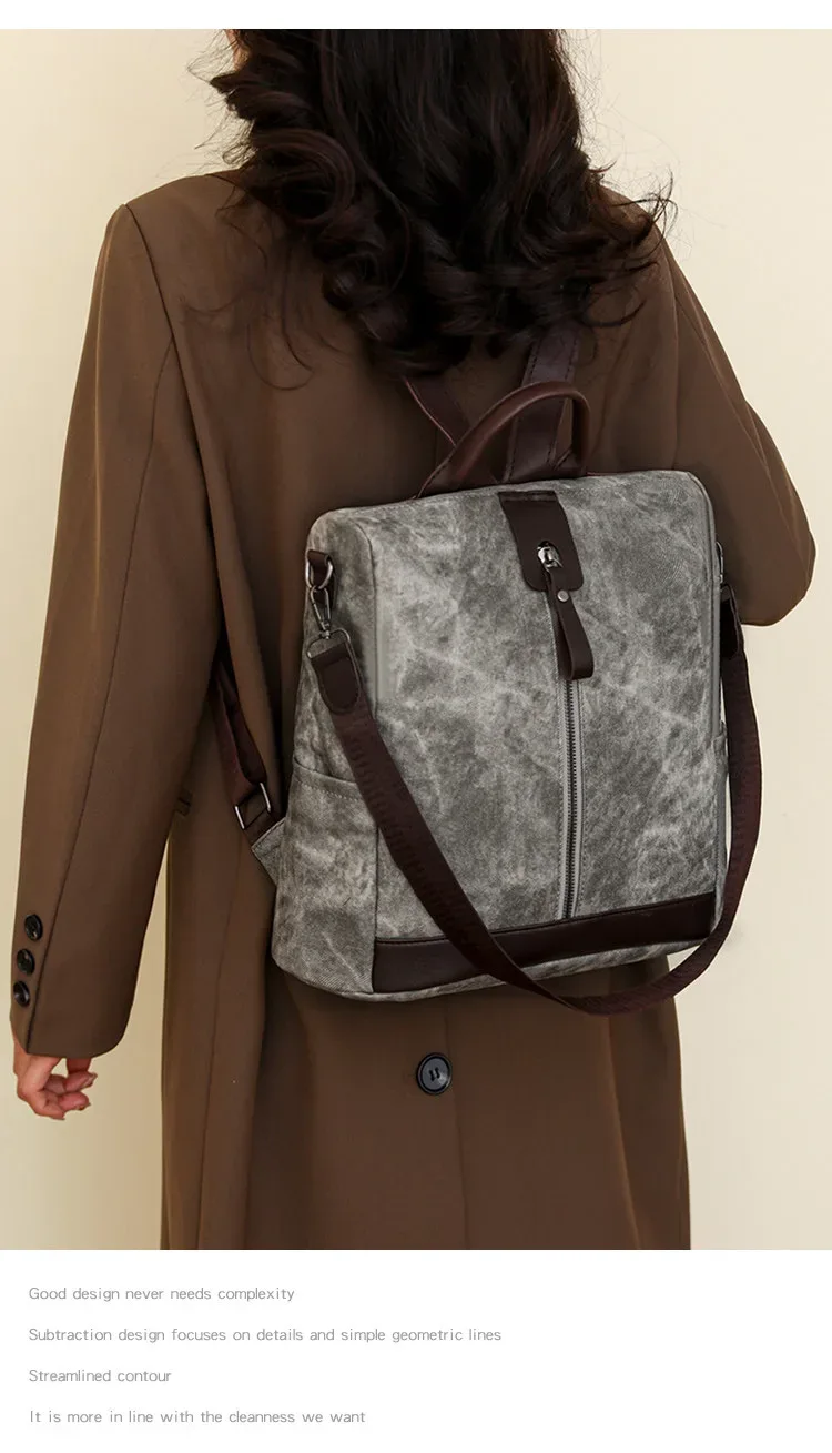 Sac à Dos Femme Antivol en Tissu Vintage avec Fermeture Arrière SACKDS39GR - حقيبة ظهر نسائية كاجوال متعددة الاستخدامات