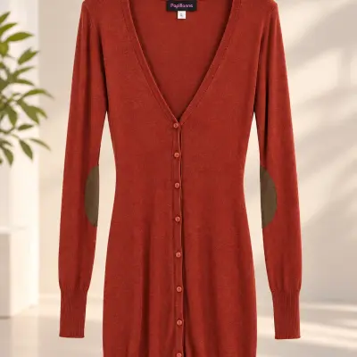 Gilet Long Femme Papillonne – Terracotta – Col V et Fermeture Boutonnée
