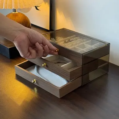 Coffret à bijoux en bois à 3 niveaux très élégant couleur noyer – علبة تنظيم المجوهرات