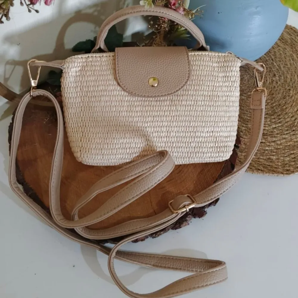 Sac Bandoulière — Tressé Beige & Cuir Camel
