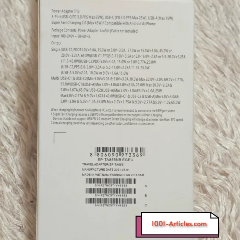Chargeur Original Samsung, Super Rapide PD 65W - 03 Ports, Cable Type C