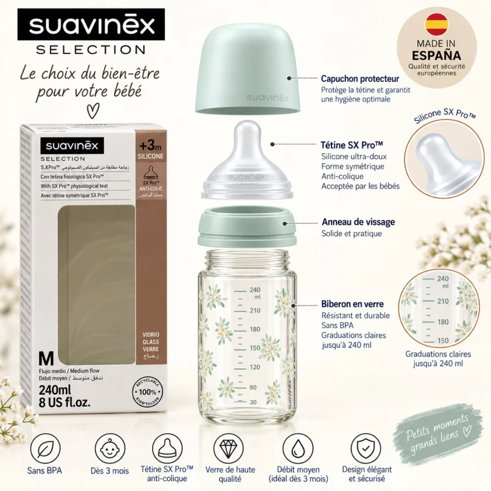 Suavinex Selection S.X Pro™ – Biberon en verre 240 ml