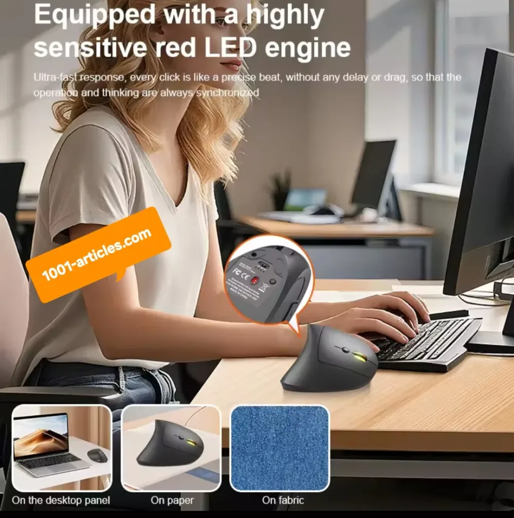 Souris verticale sans fil Bluetooth et RF 2.4GHz, Rechargeable, Ergonomique.