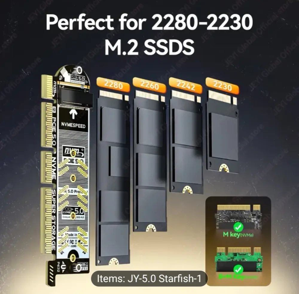 JEYI M.2 NVMe to PCle 5.0 Expansion Card PCle X4/X8/X16 Card 128Gbps Backward Compatible with PCle 4.0/3.0 for Win/Linux/Moc Os