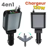 Chargeur Voiture 4en1 Rétractable 120W avec toit Starlight pour téléphones iOS et Android- شاحن سيارة متعدد المنافذ