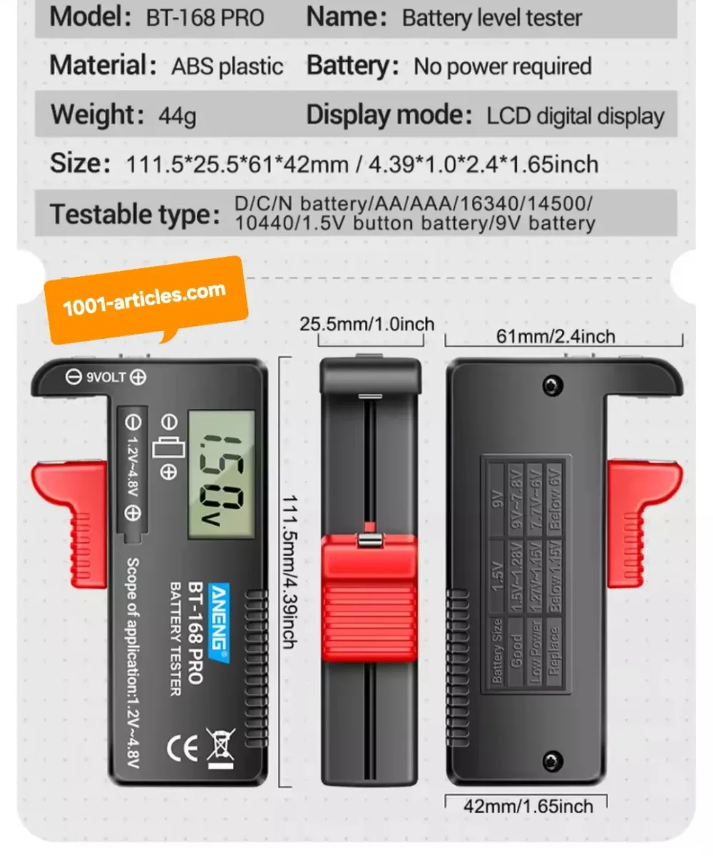 Testeur de Batteries Numérique - ANENG BT-168 Pro - Ecran LCD.