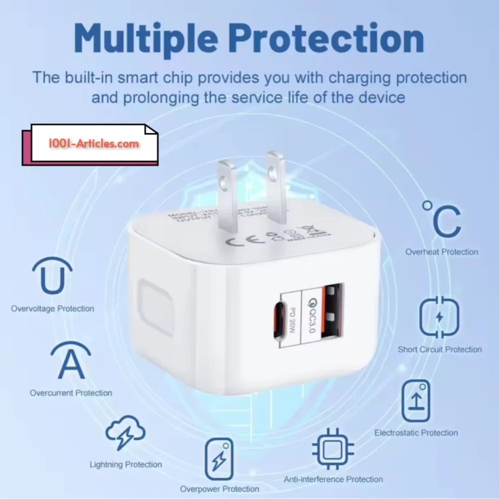 Chargeur Pro double ports USB et Type-C, Fast Charge PD 20W, Version UK.