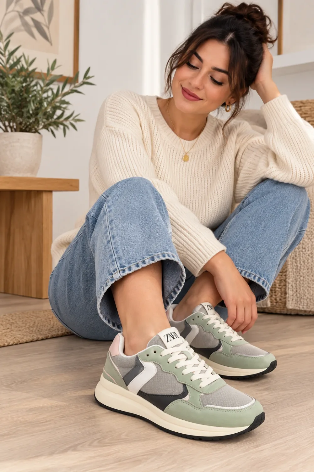 Sneakers Femme Zara Vert Sauge et Beige à Lacets – Semelle Blanche