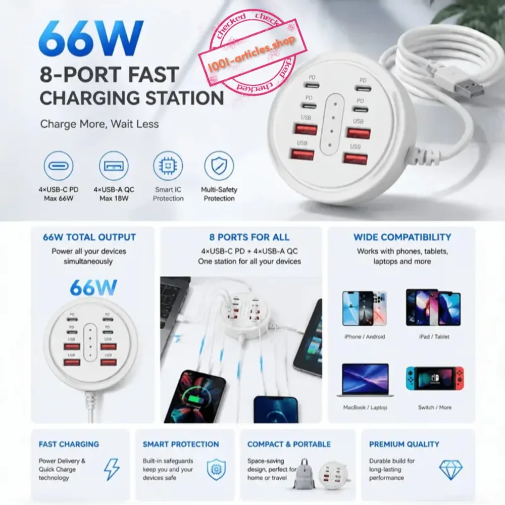 Prise multiport - Hub d'alimentation 08 en 01 - Fast Charge PD 66w et QC 3.0