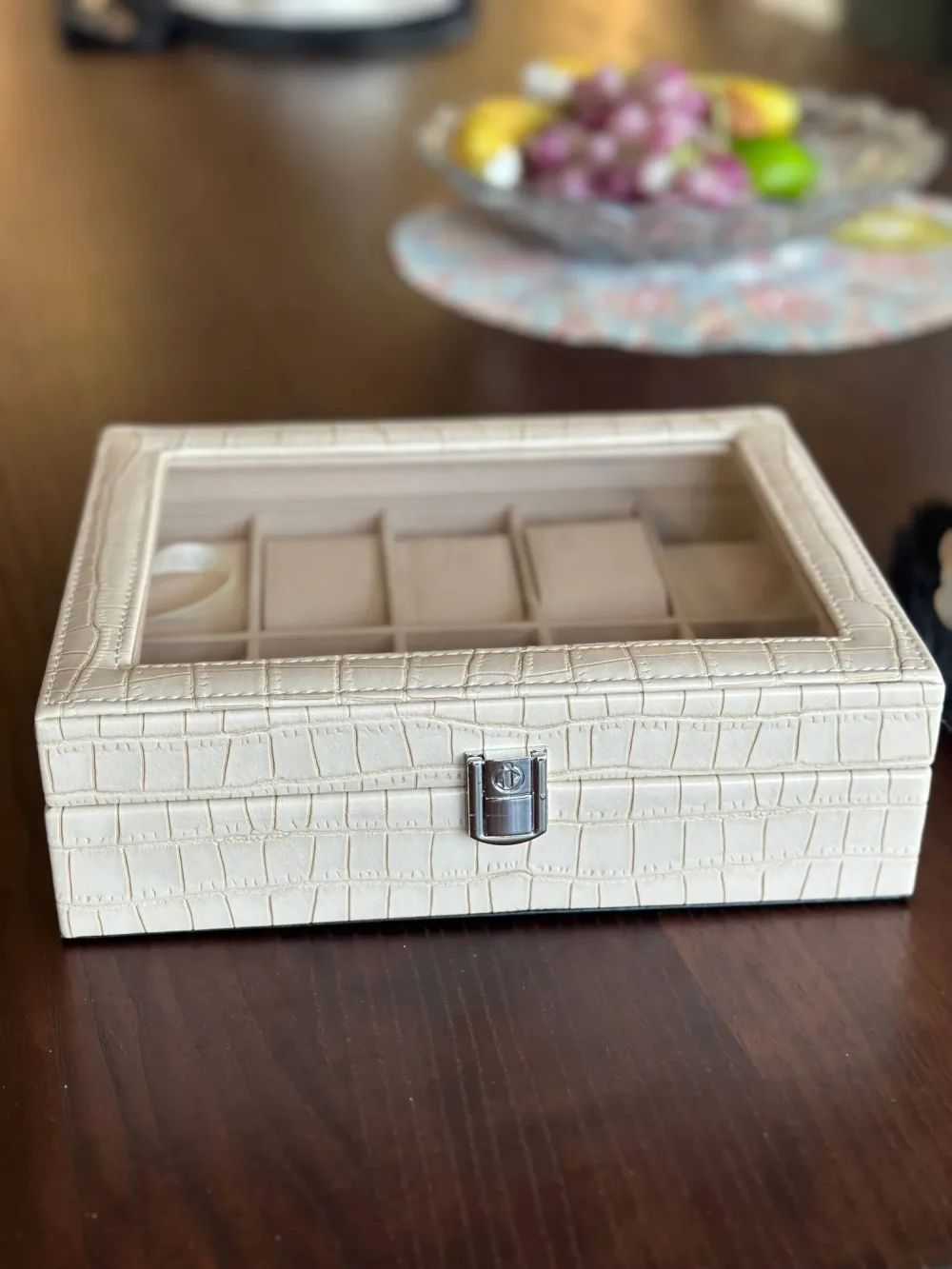 Coffret à Montres en Cuir Croco Beige – 10 Compartiments