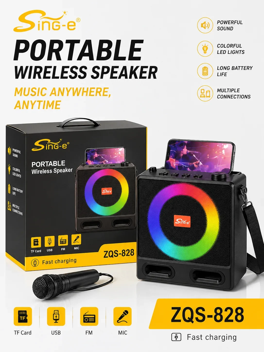 ZQS-828 Enceinte solaire portable Bluetooth avec éclairage LED RGB, radio FM et prise en charge de carte TF pour aventures en extérieur et fêtes