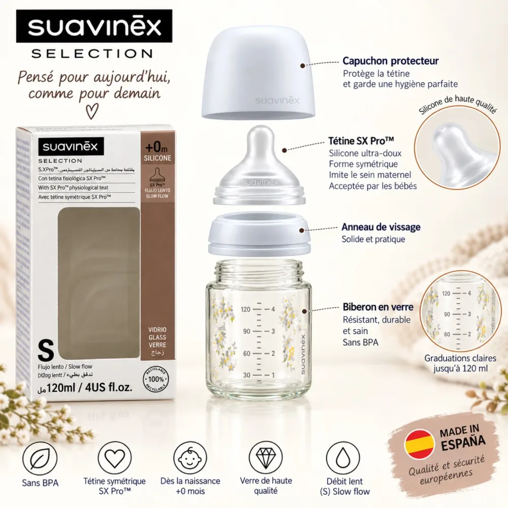 Suavinex S.X Pro™ – Biberon en verre 120 ml
